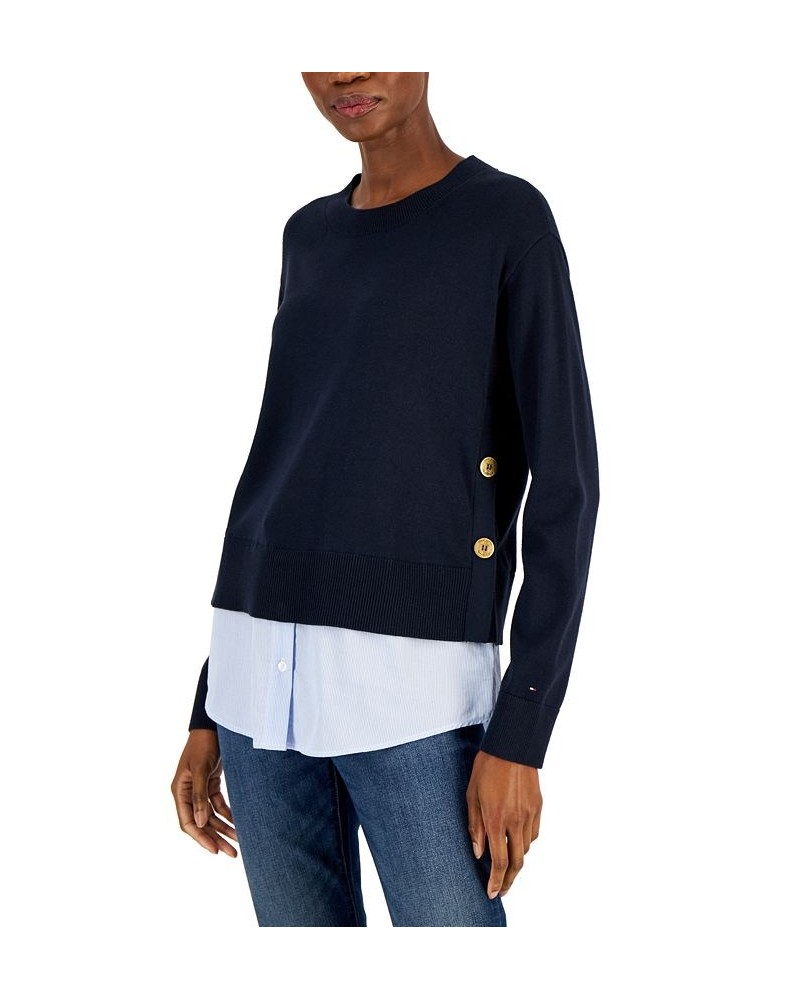 Women's Layered Two-Button Knit Sweater Blue $32.49 Sweaters