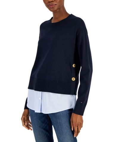 Women's Layered Two-Button Knit Sweater Blue $32.49 Sweaters