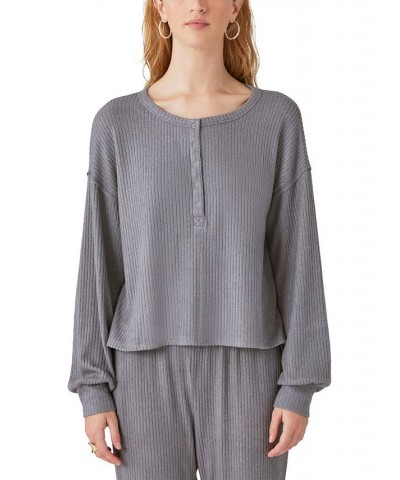 Women's Cloud Ribbed Long-Sleeve Henley Top Gray $36.84 Tops