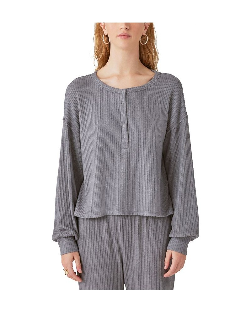 Women's Cloud Ribbed Long-Sleeve Henley Top Gray $36.84 Tops