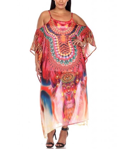 Plus Size Sheer Maxi Caftan Red and Orange $39.60 Tops