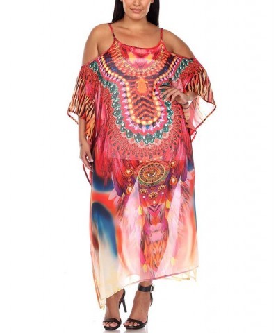 Plus Size Sheer Maxi Caftan Red and Orange $39.60 Tops