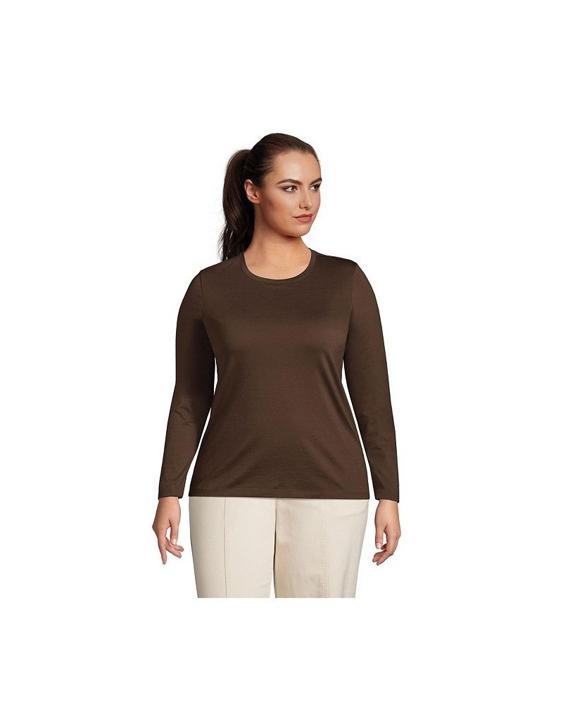 Women's Plus Size Relaxed Supima Cotton Long Sleeve Crewneck T-Shirt Brown $27.47 Tops