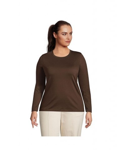 Women's Plus Size Relaxed Supima Cotton Long Sleeve Crewneck T-Shirt Brown $27.47 Tops