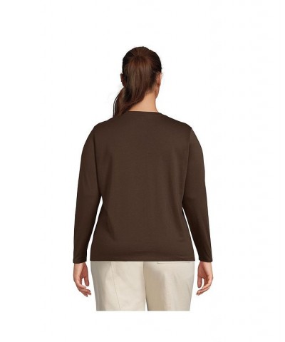 Women's Plus Size Relaxed Supima Cotton Long Sleeve Crewneck T-Shirt Brown $27.47 Tops