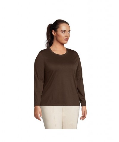 Women's Plus Size Relaxed Supima Cotton Long Sleeve Crewneck T-Shirt Brown $27.47 Tops