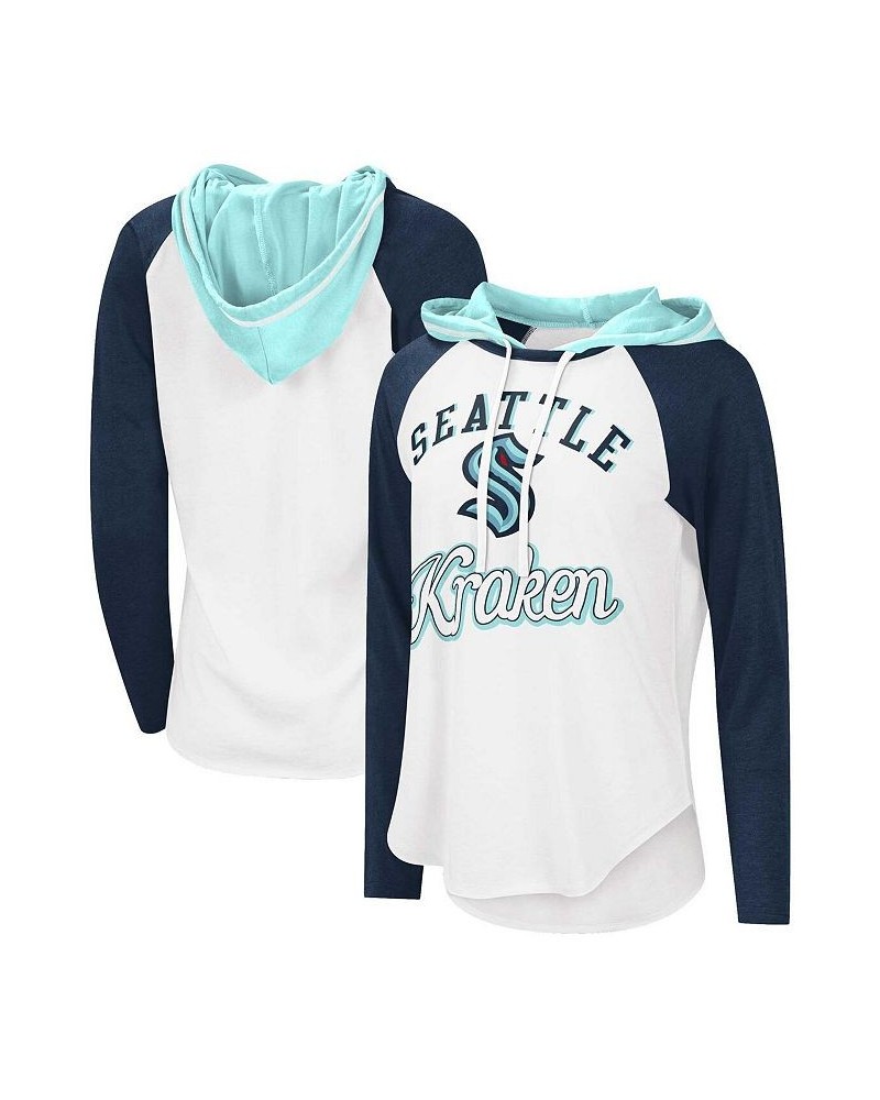 Women's Starter White Deep Sea Blue Seattle Kraken MVP Raglan Hoodie T-shirt Blue $20.00 Tops