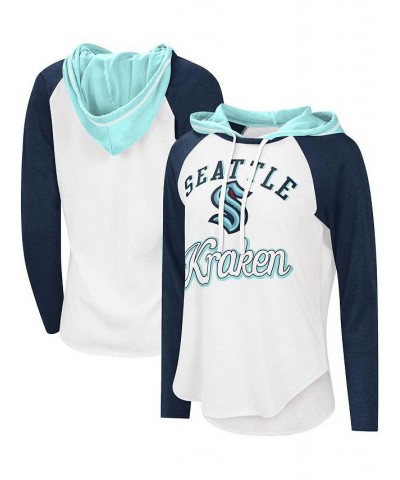 Women's Starter White Deep Sea Blue Seattle Kraken MVP Raglan Hoodie T-shirt Blue $20.00 Tops