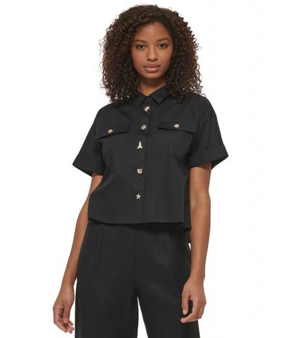 Women's Short Sleeve Poplin Utility Blouse Black $50.75 Tops