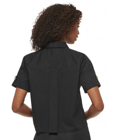 Women's Short Sleeve Poplin Utility Blouse Black $50.75 Tops