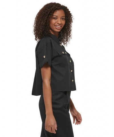 Women's Short Sleeve Poplin Utility Blouse Black $50.75 Tops