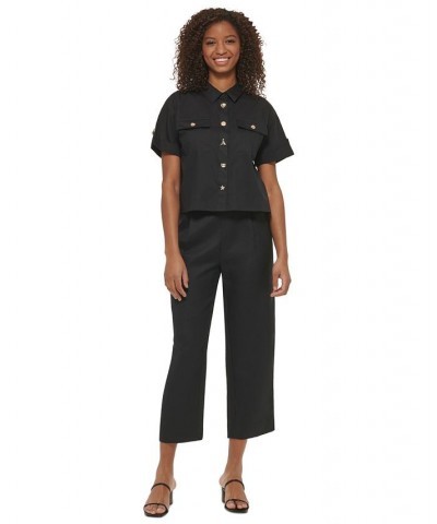 Women's Short Sleeve Poplin Utility Blouse Black $50.75 Tops