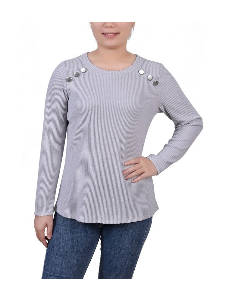 Petite Long Sleeve Ribbed Button Detail Top Gray $18.24 Tops