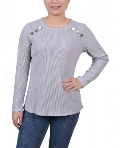 Petite Long Sleeve Ribbed Button Detail Top Gray $18.24 Tops