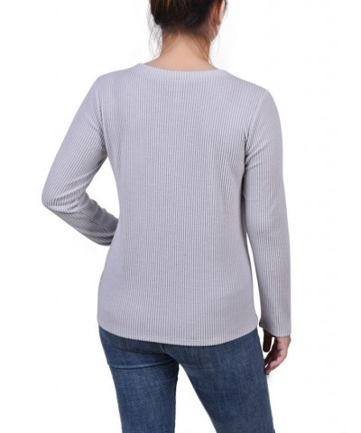 Petite Long Sleeve Ribbed Button Detail Top Gray $18.24 Tops