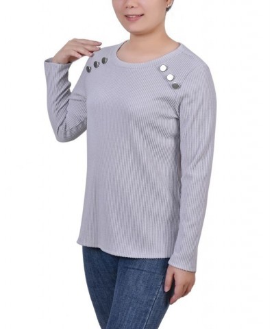 Petite Long Sleeve Ribbed Button Detail Top Gray $18.24 Tops