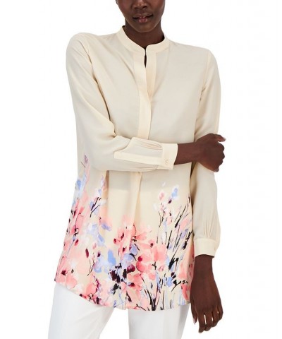 Women's Floral-Print Long-Sleeve Popover Blouse Ivory/Cream $54.50 Tops