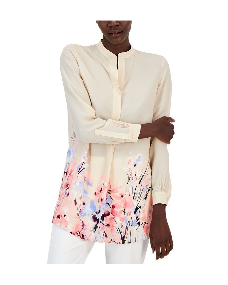 Women's Floral-Print Long-Sleeve Popover Blouse Ivory/Cream $54.50 Tops