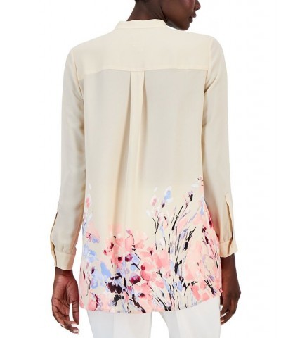 Women's Floral-Print Long-Sleeve Popover Blouse Ivory/Cream $54.50 Tops