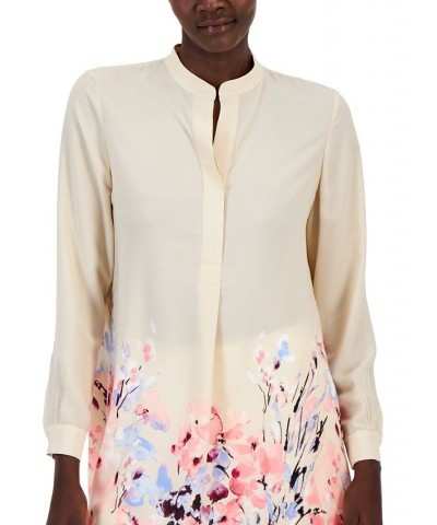 Women's Floral-Print Long-Sleeve Popover Blouse Ivory/Cream $54.50 Tops