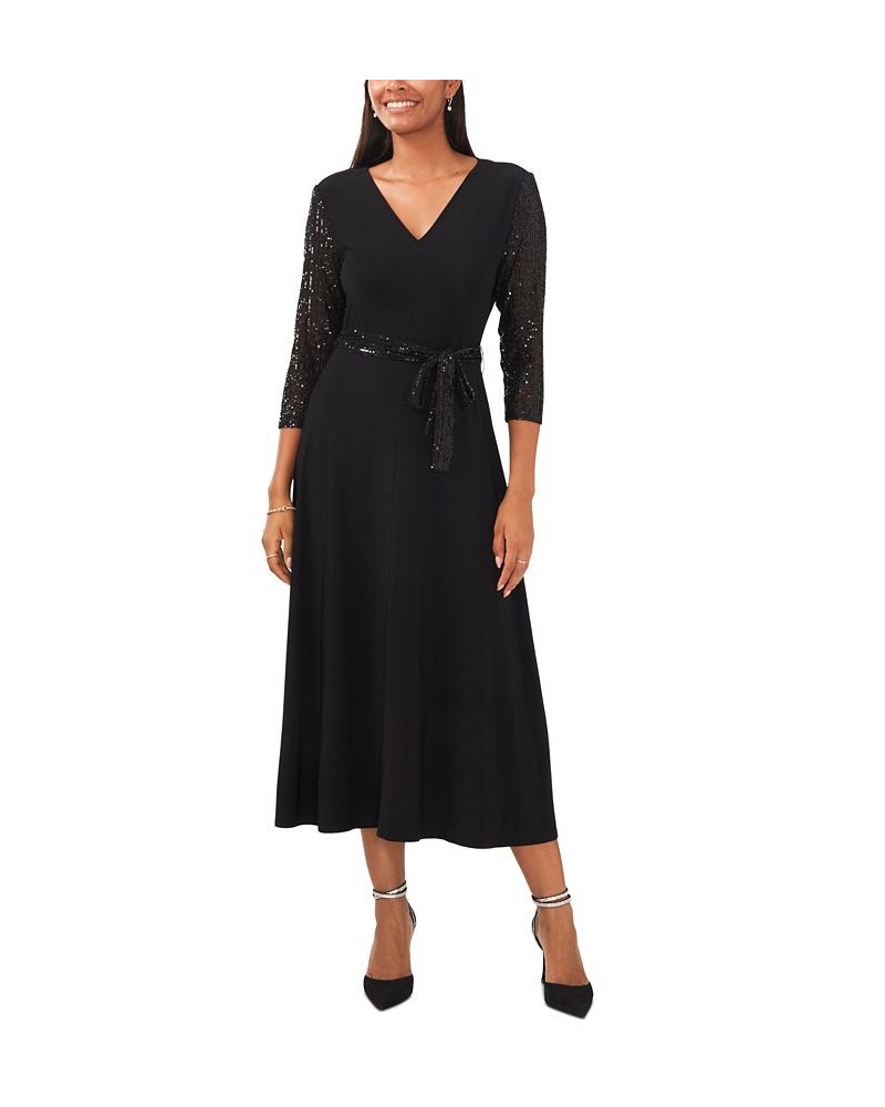 Petite Sequined-Trim Fit & Flare Dress Black $50.49 Dresses