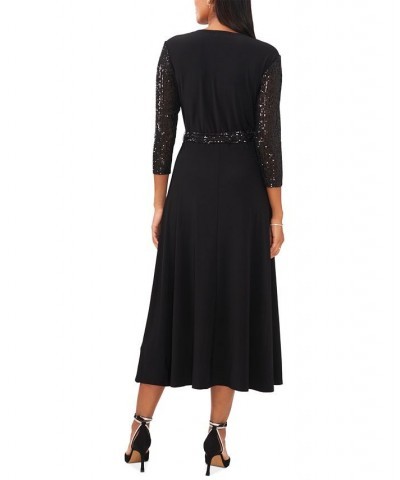 Petite Sequined-Trim Fit & Flare Dress Black $50.49 Dresses