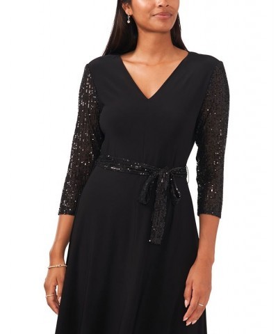 Petite Sequined-Trim Fit & Flare Dress Black $50.49 Dresses