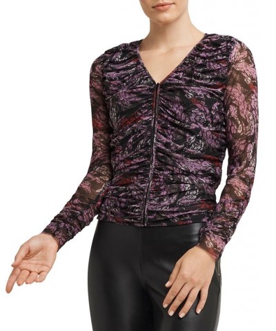 Women's V-Neck Zip Ruched Long-Sleeve Top Purple $28.92 Tops