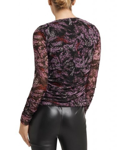 Women's V-Neck Zip Ruched Long-Sleeve Top Purple $28.92 Tops