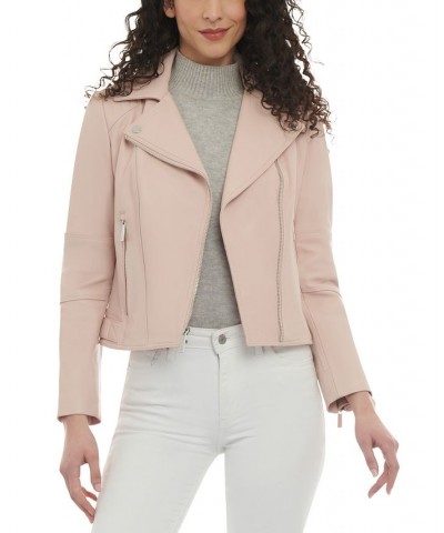 Women's Leather Moto Jacket Pink $108.50 Coats