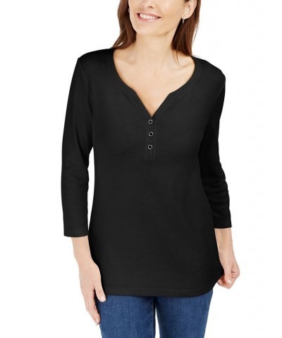 Cotton Henley V-Neck Top Black $10.39 Tops