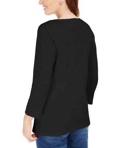 Cotton Henley V-Neck Top Black $10.39 Tops