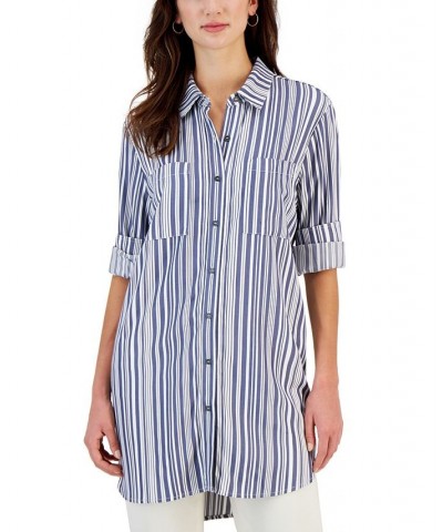 Women's Twill Button-Up Tunic Shirt Striped Denim Blue $18.68 Tops