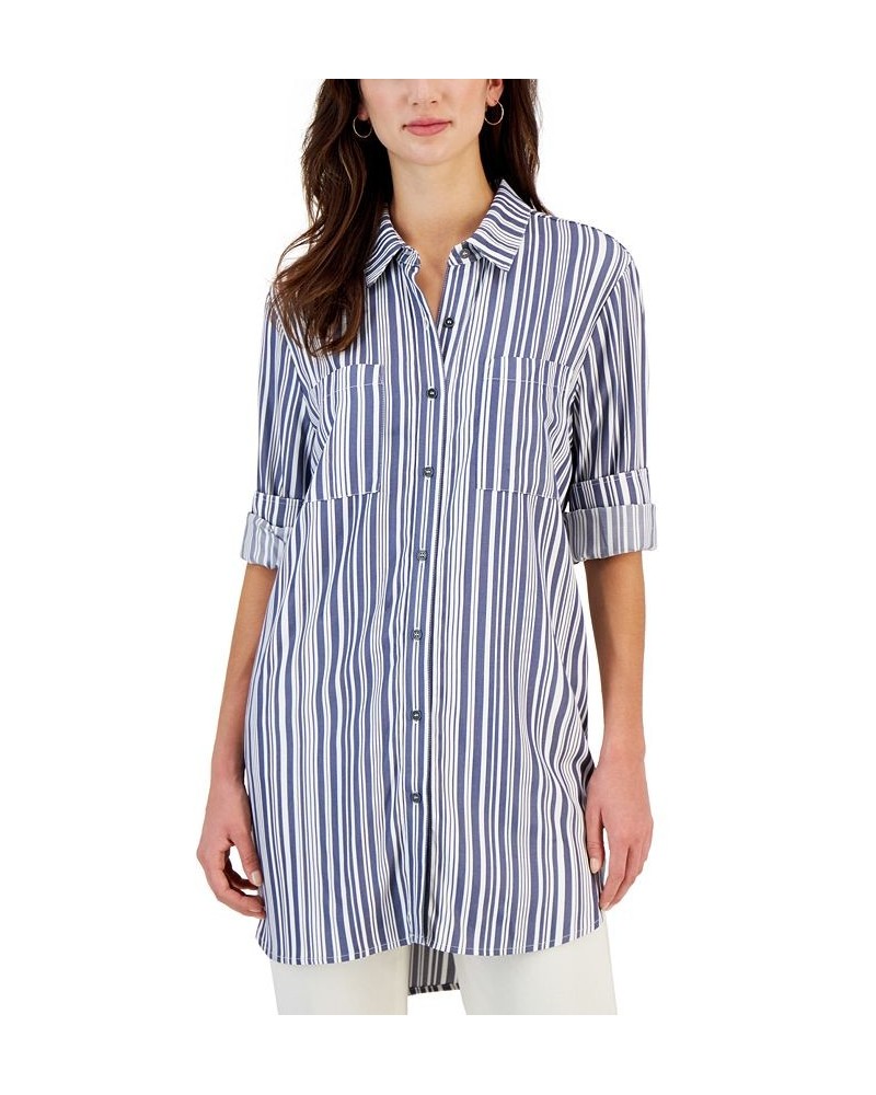 Women's Twill Button-Up Tunic Shirt Striped Denim Blue $18.68 Tops