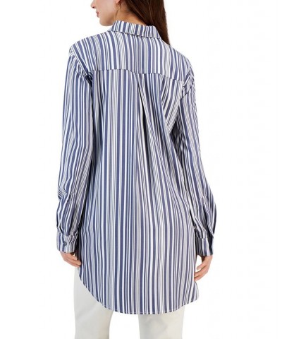 Women's Twill Button-Up Tunic Shirt Striped Denim Blue $18.68 Tops