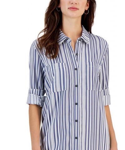 Women's Twill Button-Up Tunic Shirt Striped Denim Blue $18.68 Tops