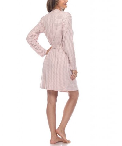 Women's 3 Piece Striped Pajama Robe Set Pink $34.45 Sleepwear