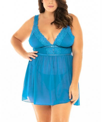 Plus Size Mesh & Lace Babydoll 2pc Lingerie Set Blue $21.95 Lingerie