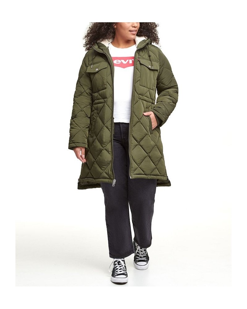 Trendy Plus Size Diamond-Quilted Hooded Long Parka Jacket Green $56.00 Jackets