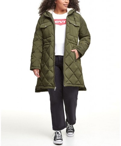 Trendy Plus Size Diamond-Quilted Hooded Long Parka Jacket Green $56.00 Jackets