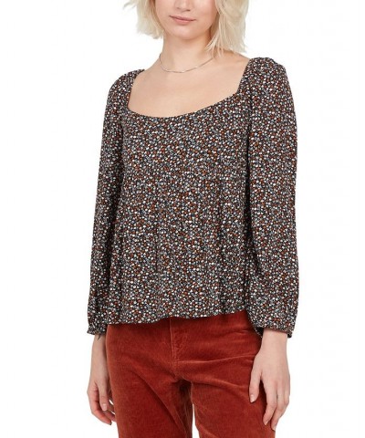 Juniors' Hey Stone Hey Printed Puff-Sleeve Top Black Combo $21.50 Tops