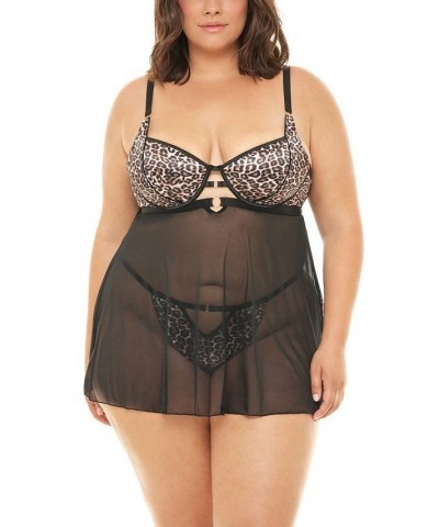 Plus Size Journee Leopard Print Babydoll and G-string Set Leopard, Black $21.63 Lingerie