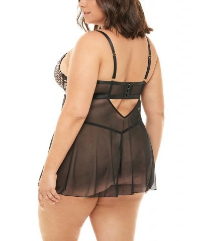 Plus Size Journee Leopard Print Babydoll and G-string Set Leopard, Black $21.63 Lingerie