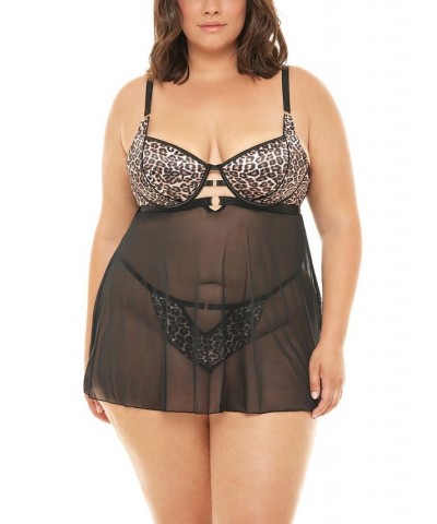 Plus Size Journee Leopard Print Babydoll and G-string Set Leopard, Black $21.63 Lingerie