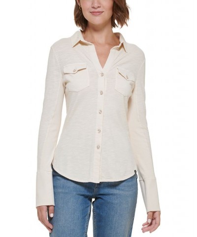 Women's Cotton Side-Panel Shirt Tan/Beige $24.82 Tops