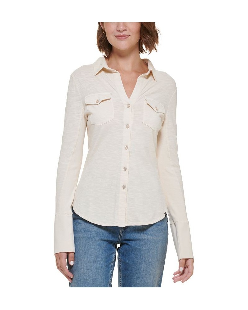 Women's Cotton Side-Panel Shirt Tan/Beige $24.82 Tops