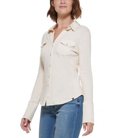 Women's Cotton Side-Panel Shirt Tan/Beige $24.82 Tops