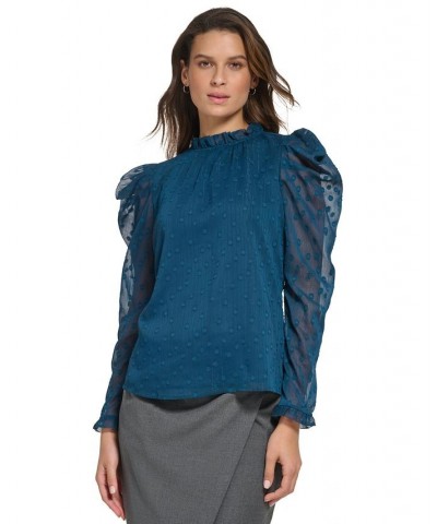 Women's Ruffled Jacquard Puff Long-Sleeve Blouse Dark Topaz $32.14 Tops