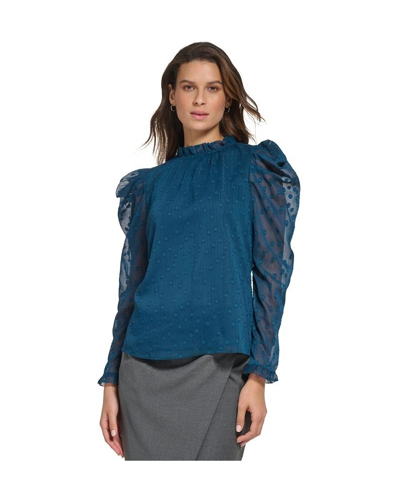 Women's Ruffled Jacquard Puff Long-Sleeve Blouse Dark Topaz $32.14 Tops