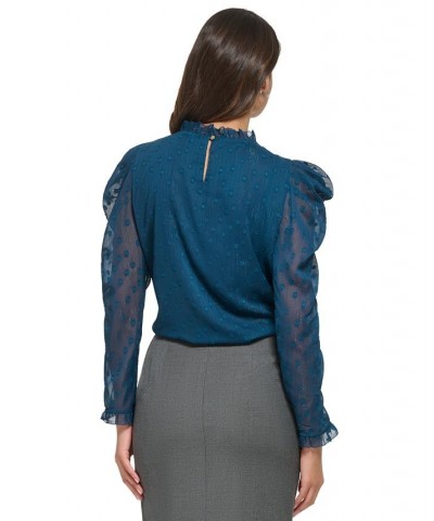 Women's Ruffled Jacquard Puff Long-Sleeve Blouse Dark Topaz $32.14 Tops